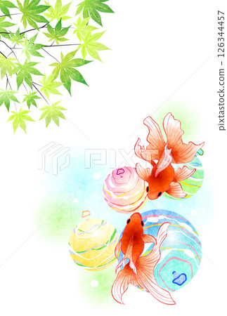 Summer greetings, goldfish, yo-yo, blue maple leaves, Japanese style, cute, background, illustration, vertical 126344457
