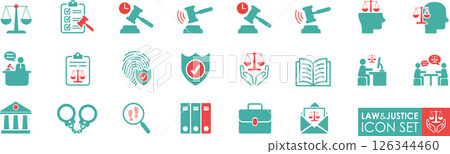 The Law and Justice icons set is in solid style, It contains justice law, court legal, lawyer, judgment, authority and more 126344460