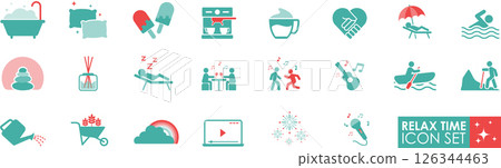Relax time icons set in solid style, contain relaxation, well-being, dreaming, massage, spa, sleep, and more 126344463