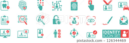 Identity icon set in Solid style.  It contains Fingerprints, facial identification, ID cards, scans, and Passports. 126344469