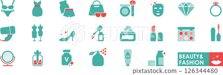 Beauty and fashion icons set in solid style, contain fashion, cosmetics, makeup, jewelry, clothing, and more 126344480