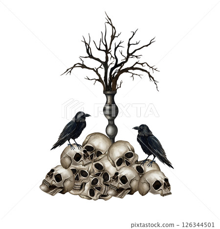 Heap skulls, black crows, vintage Candelabrum with dry branches. Gothic Silver Candleholder with twigs, ravens. Watercolor illustration isolated from background. For Halloween design, print product 126344501