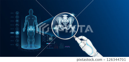 Doctor robot hand holding magnifying glass looking pelvis bone analysis diagnosis with AI artificial intelligence technology. Anatomy hologram of the male body. Innovative medical healthcare. Vector. Doctor robot hand holding magnifying glass looking pelvis bone analysis diagnosis with AI artificial intelligence technology. Anatomy hologram of the male body. Innovative medical healthcare. Vector. 126344701