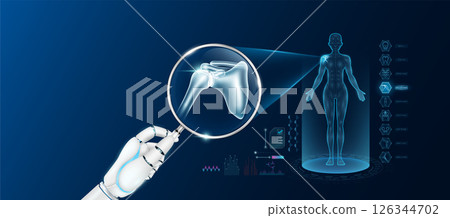 Doctor robot hand holding magnifying glass looking shoulder analysis and anatomy hologram of the female body. Diagnosis with AI artificial intelligence technology. Innovative medical healthcare. Vecto 126344702