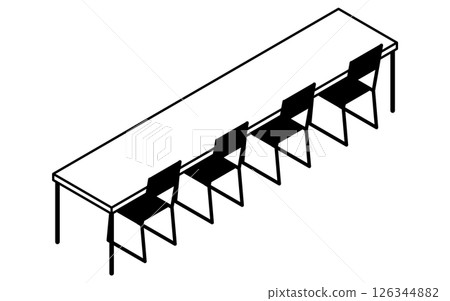A simple and cute isometric line drawing illustration of a long desk and metal chairs 126344882