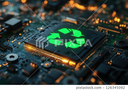 an electronic waste concept featuring desktop computer adorned with bright green recycle symbol symbolizing the importance of recycling ,proper disposal of electronic devices. 126345092