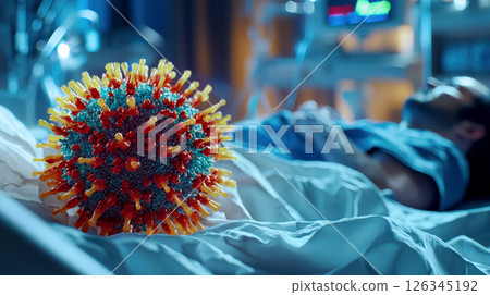 hospital bed surrounded by glowing hmpv virus particles human metapneumovirus infection and pathogenesis. hospital bed surrounded by glowing hmpv virus particles human metapneumovirus infection and pathogenesis. 126345192