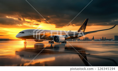 Side view of aircraft at the terminal at sunset. Side view of aircraft at the terminal at sunset. 126345194