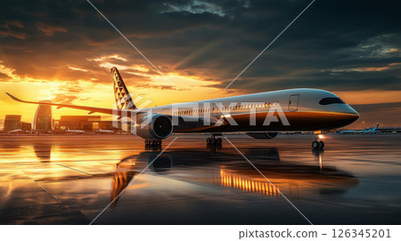 Side view of aircraft at the terminal at sunset. 126345201