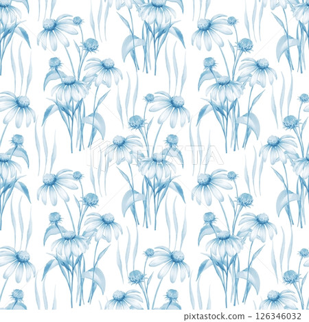 Watercolor Blue Daisies Seamless Pattern 126346032