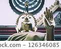 Closeup the golden buddha statue is stand outside hall at Thai temple, Thailand. 126346085