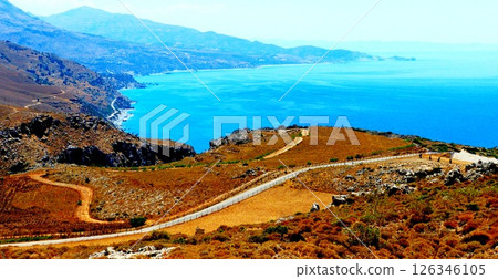 Crete island Greece, Long Mountain Road along the Kourtaliotiko Gorg to Preveli Monastery. Crete island Greece, Long Mountain Road along the Kourtaliotiko Gorg to Preveli Monastery. 126346105