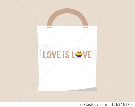 Love is love tote bag with rainbow heart symbol, minimalist design, beige handle, and neutral background, expressing pride and inclusivity in simple, modern style 126346176