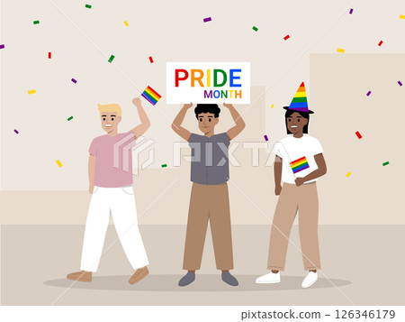 Three diverse people celebrate pride month, holding rainbow flags and colorful sign, surrounded by confetti, expressing joy and support for LGBTQ community Three diverse people celebrate pride month, holding rainbow flags and colorful sign, surrounded by confetti, expressing joy and support for LGBTQ community 126346179