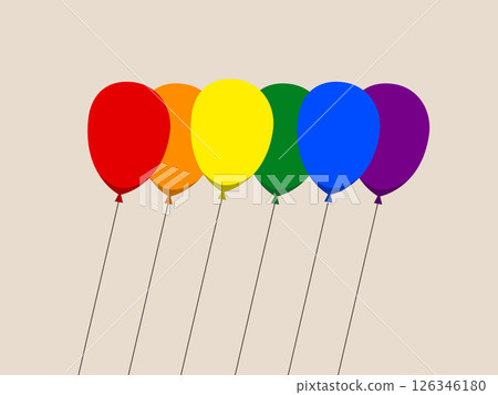 Six colorful balloons in red orange yellow green blue and purple stand in row symbolizing pride and celebration with minimalistic background and cheerful mood 126346180