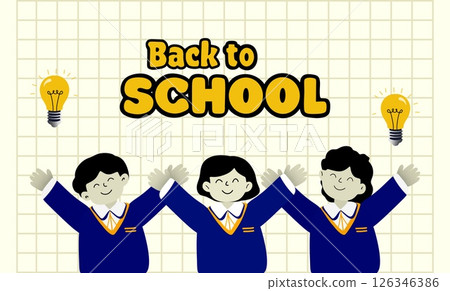 back to school concept, A cheerful illustration featuring three cartoon children raising their hands excitedly, symbolizing enthusiasm for learning, school children, education cartoon 126346386