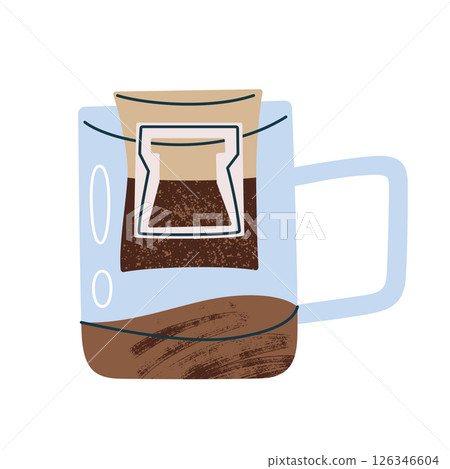 Flat cartoon illustration of glass mug with hanging ear drip bag coffee inside. Single serve pour over brewing method, vector cozy design, icon for home baristas and coffee lovers, trendy coffee cup 126346604