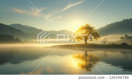 沐浴在柔和光線下的神秘湖泊和一棵神聖的樹 126346786