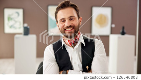 Happy man, confidence and portrait of curator at art gallery for creative career as exhibition coordinator. Smile, museum and professional artwork director with arms crossed for pride in France 126346808