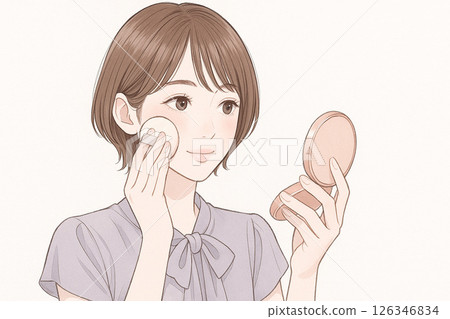 一位女士一邊看著手鏡一邊化妝 126346834