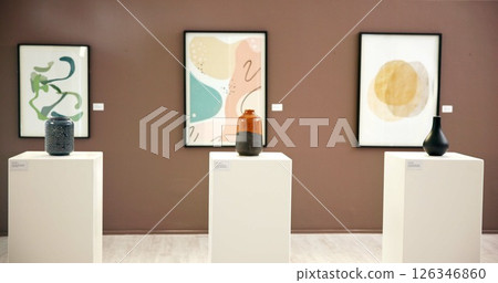 Painting frame, vase and art gallery with exhibition for abstract pieces with ceramic sculptures. Empty, creative and collection of pictures and clay pots for display, decoration or showcase. 126346860