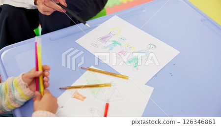 Art, education and hands of student with tutor at table for distance learning or home school. Course, creative or development with child and teacher closeup in lesson for private or remote study Art, education and hands of student with tutor at table for distance learning or home school. Course, creative or development with child and teacher closeup in lesson for private or remote study 126346861