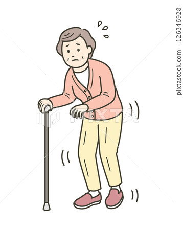 Illustration of an elderly woman with tremors walking cautiously with a cane 126346928