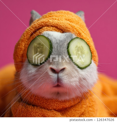 Cute bunny relaxing with beauty mask and cucumber slices on eyes in spa Cute bunny relaxing with beauty mask and cucumber slices on eyes in spa 126347026
