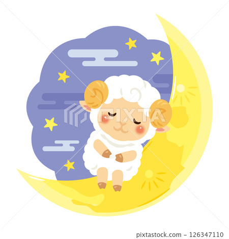 夜空中漂浮著的新月和綿羊的人物插圖 夜空中漂浮著的新月和綿羊的人物插圖 126347110