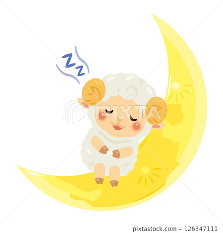 Character illustration of a sleeping sheep with a crescent moon Character illustration of a sleeping sheep with a crescent moon 126347111