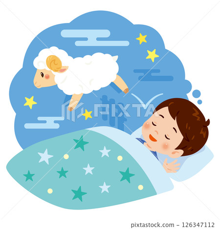 Illustration of a boy and a sheep sleeping on a futon 126347112