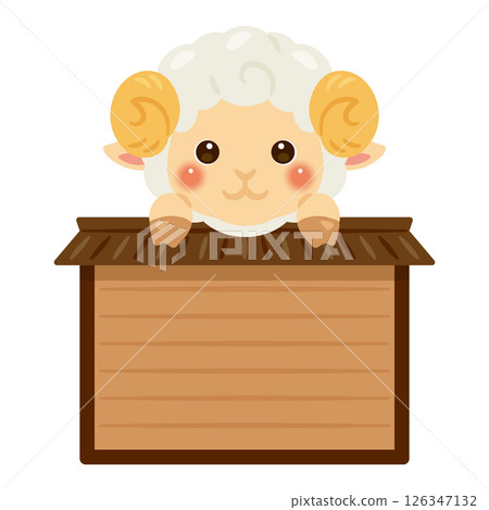 Character illustration of a sheep riding on a wooden sign 126347132