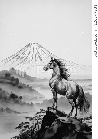 富士山和懸崖上的一匹馬，生成式人工智慧，人工智慧圖像 126347231