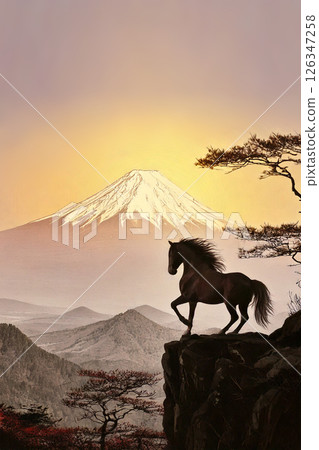 富士山和懸崖上的一匹馬,生成式人工智慧,人工智慧圖像 富士山和懸崖上的一匹馬,生成式人工智慧,人工智慧圖像 126347258
