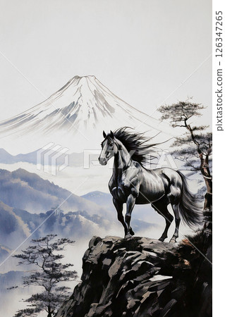 Mount Fuji and a horse standing on a cliff, Generative AI, AI image Mount Fuji and a horse standing on a cliff, Generative AI, AI image 126347265
