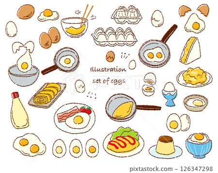Hand-drawn rough-tasting egg and egg dish illustration set (color) 126347298