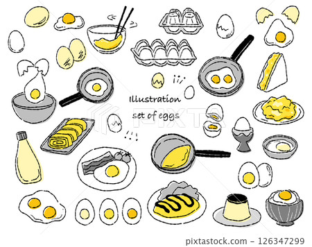 Hand-drawn rough-tasting egg and egg dish illustration set (yellow x gray) 126347299