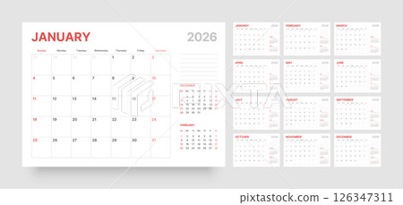 Monthly calendar layout for 2026. Planner diary. Monthly calendar layout for 2026. Planner diary. 126347311