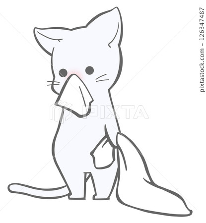 A white cat with a runny nose holding a towel blanket A white cat with a runny nose holding a towel blanket 126347487