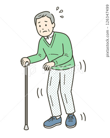 An illustration of an elderly man with tremors walking cautiously with a cane 126347499