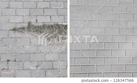Paving slabs before and after clearing of grass and sand Paving slabs before and after clearing of grass and sand 126347566