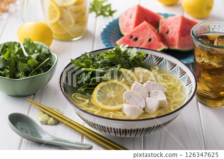 Chilled ramen with plenty of coriander and salt and lemon Chilled ramen with plenty of coriander and salt and lemon 126347625