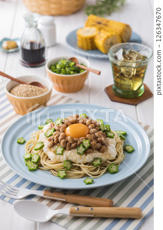 Cold pasta with natto and yam Cold pasta with natto and yam 126347670