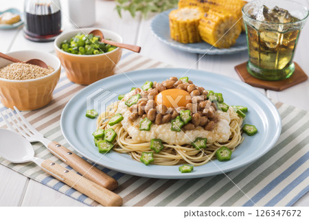Cold pasta with natto and yam Cold pasta with natto and yam 126347672