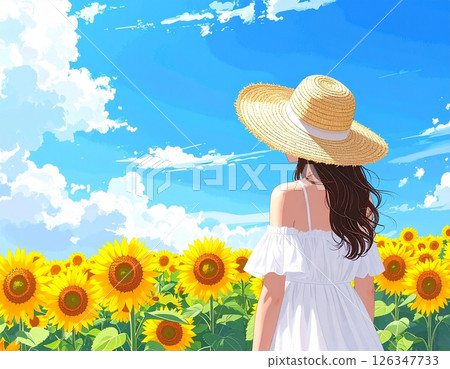 Back view of a woman wearing a straw hat standing in a sunflower field Back view of a woman wearing a straw hat standing in a sunflower field 126347733