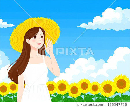 動畫風格的插圖,描繪了夏天站在向日葵田裡的女人 動畫風格的插圖,描繪了夏天站在向日葵田裡的女人 126347736