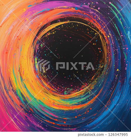 Abstract art of colorful swirls expanding towards a black centre 126347995