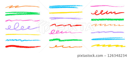 Line color pencil brush kid set. Color chalk pastel pencil underline scribble brush stroke set for kid design. Hand drawn wavy marker underline highlight element. Vector 126348234