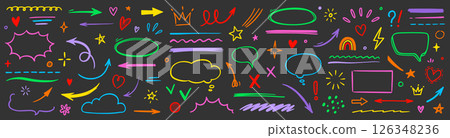 Line hand drawn brush marker arrow, heart shape element kid color set. Hand drawn sketch marker underline shape, arrow, star marker brush pen stroke icon heart element. Vector 126348236