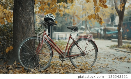 一輛自行車放在一棵長滿秋葉的樹下 126348331